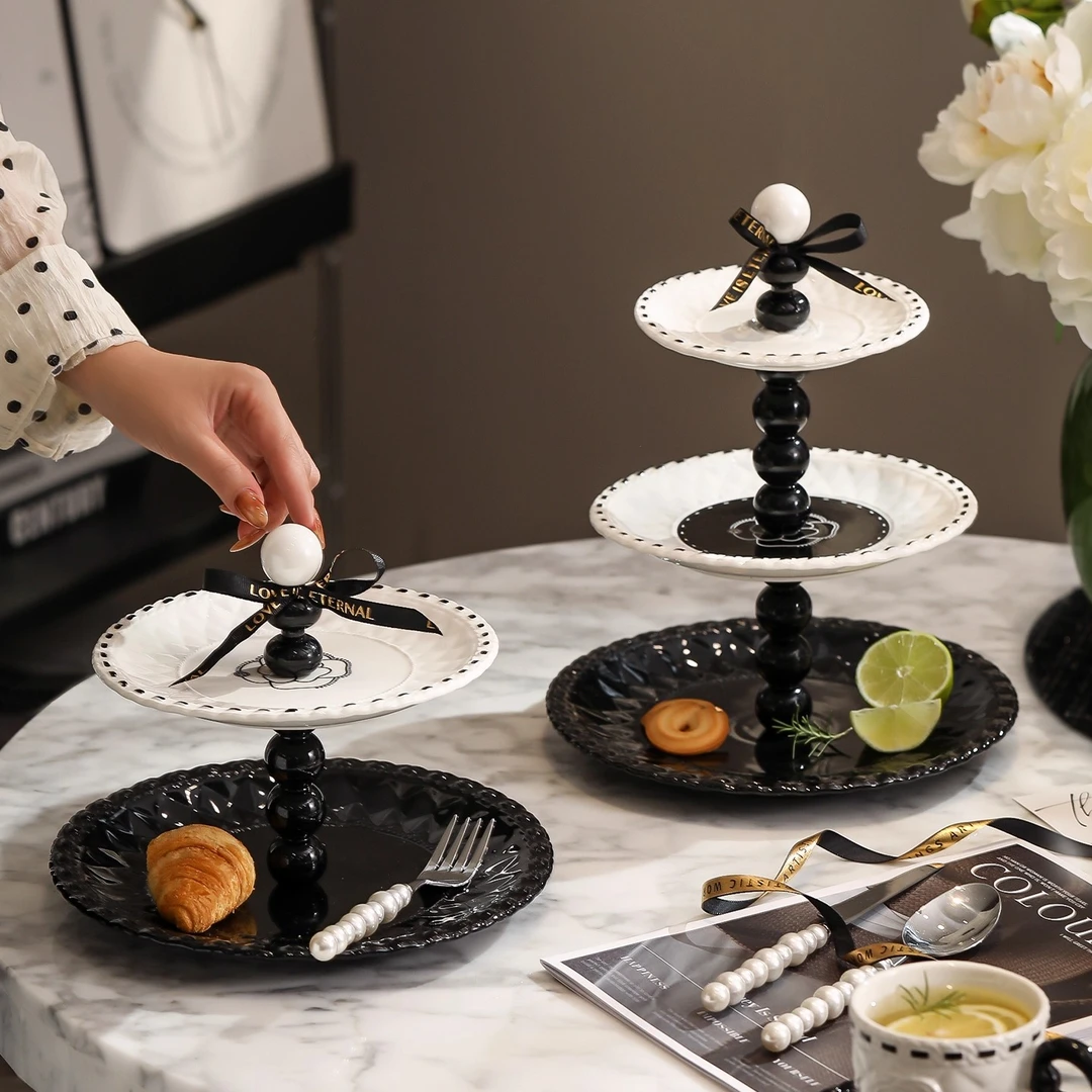 漫时光法式小香风陶瓷多层水果盘家用轻奢高级感甜品台零食盘摆件