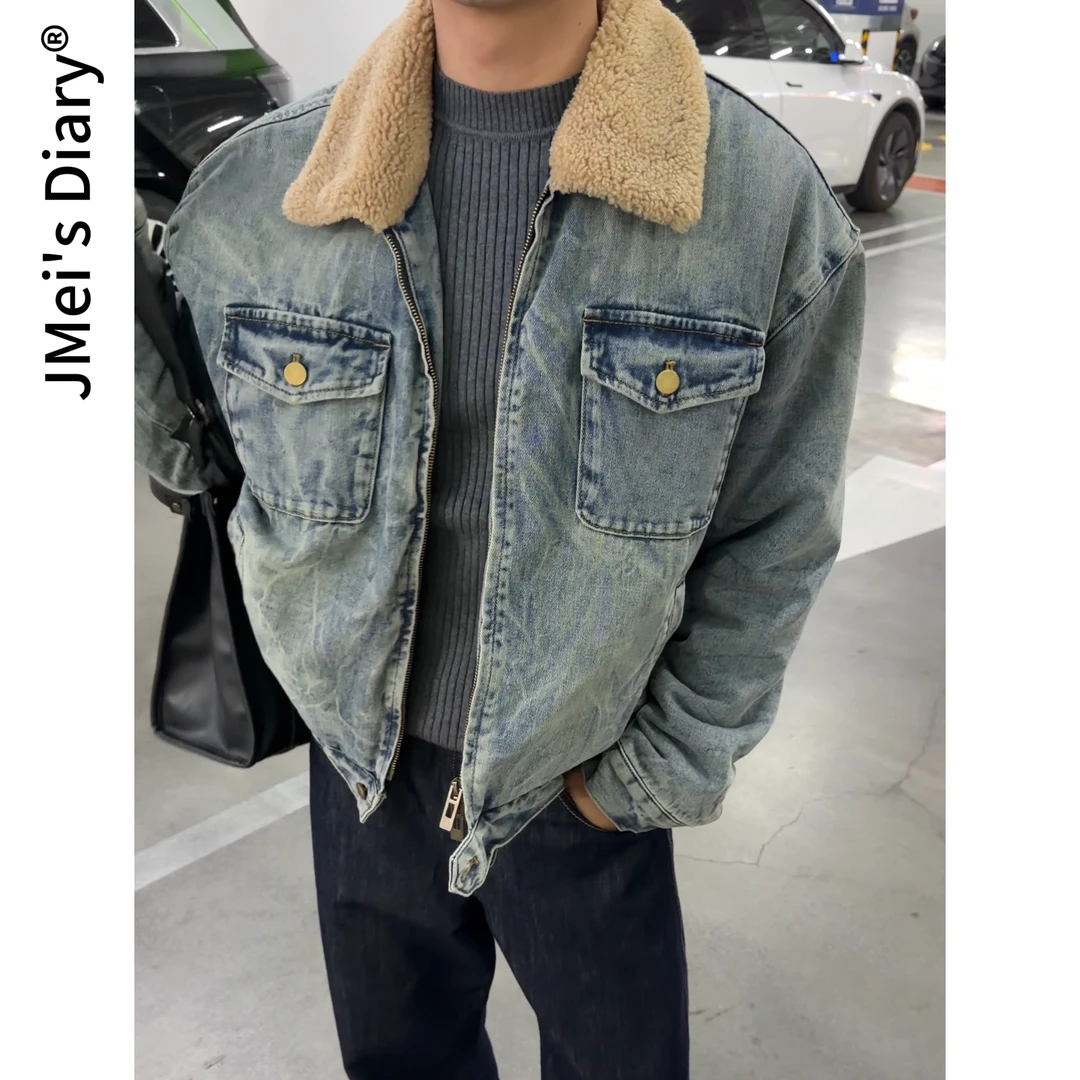 JMei's Diary羊羔绒水洗翻领牛仔夹克短款上衣复古保暖加绒加厚冬