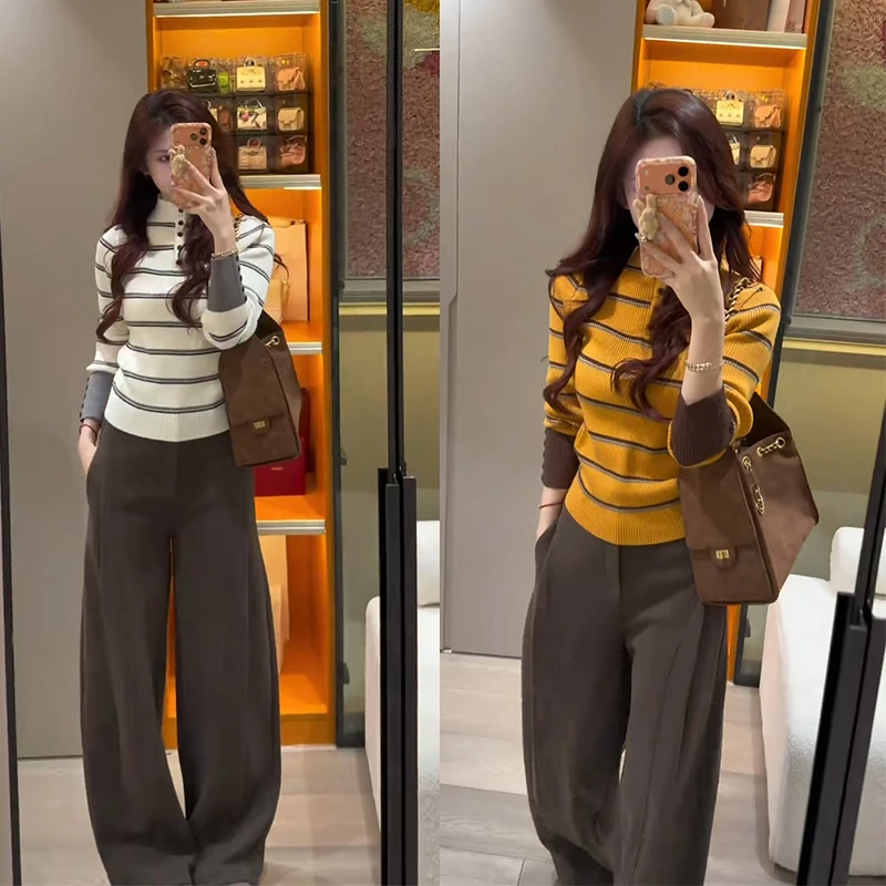 今年流行一整套2025年新款韩系立领条纹针织上衣高腰休闲裤两件套