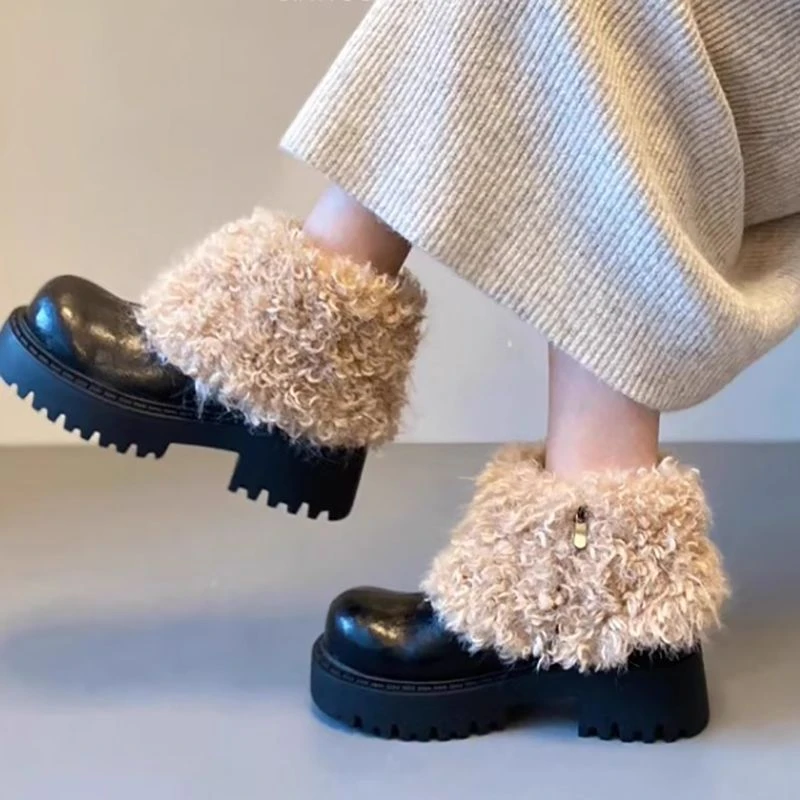 2025新款厚绒雪地靴女毛毛鞋中跟厚底侧拉链短靴冬季新款保暖靴子
