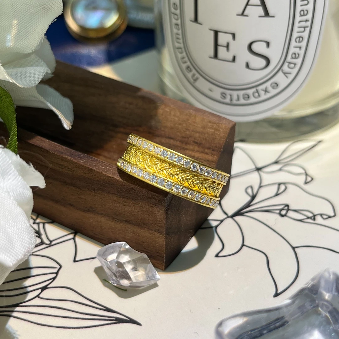 【麦绮珠宝】足金999古法镶嵌莫桑戒指花丝风雨桥戒指个性轻奢时尚