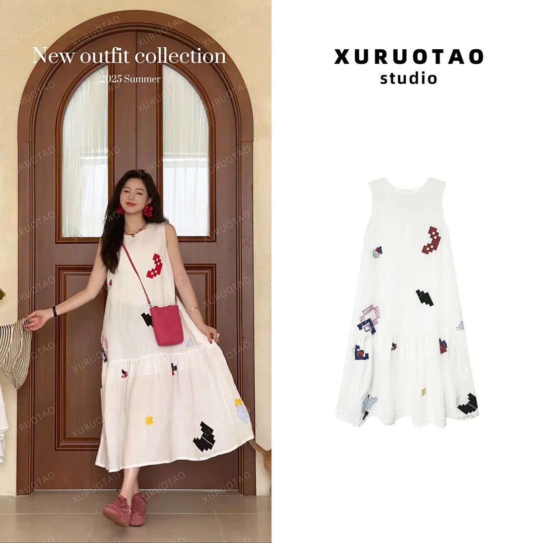 XURUOTAO 【盛夏连衣裙】100亚麻像素风刺绣减龄白色连衣裙 T5367