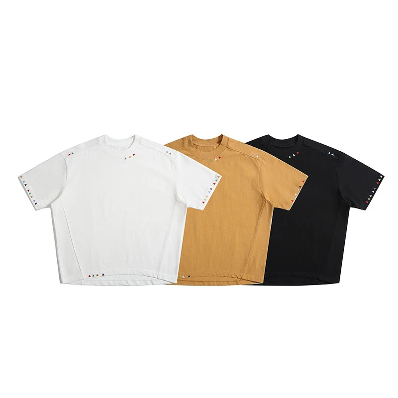 380g 夏季美式复古水洗蝙蝠袖刺绣彩色三角短袖T恤男女情侣