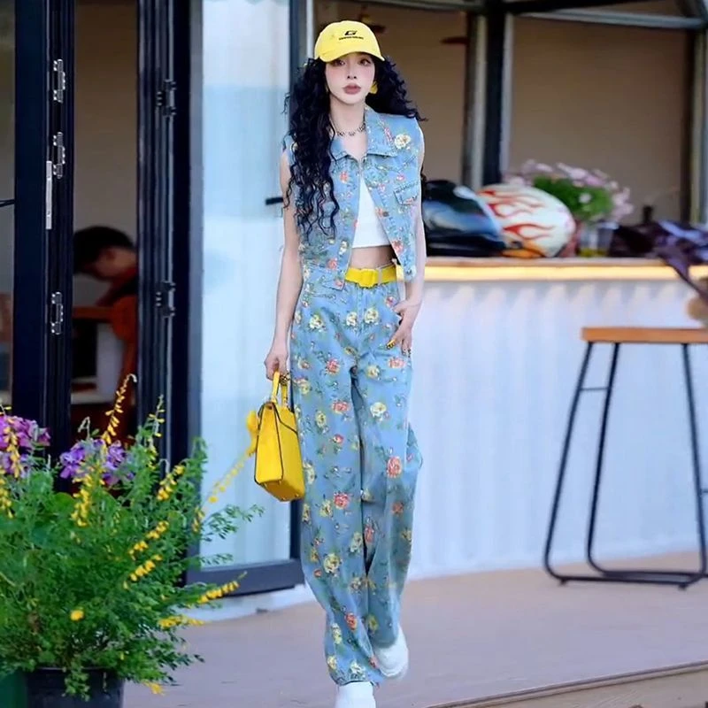潮流减龄清新碎花牛仔套装女2025夏新款港风无袖POLO领马甲搭配阔