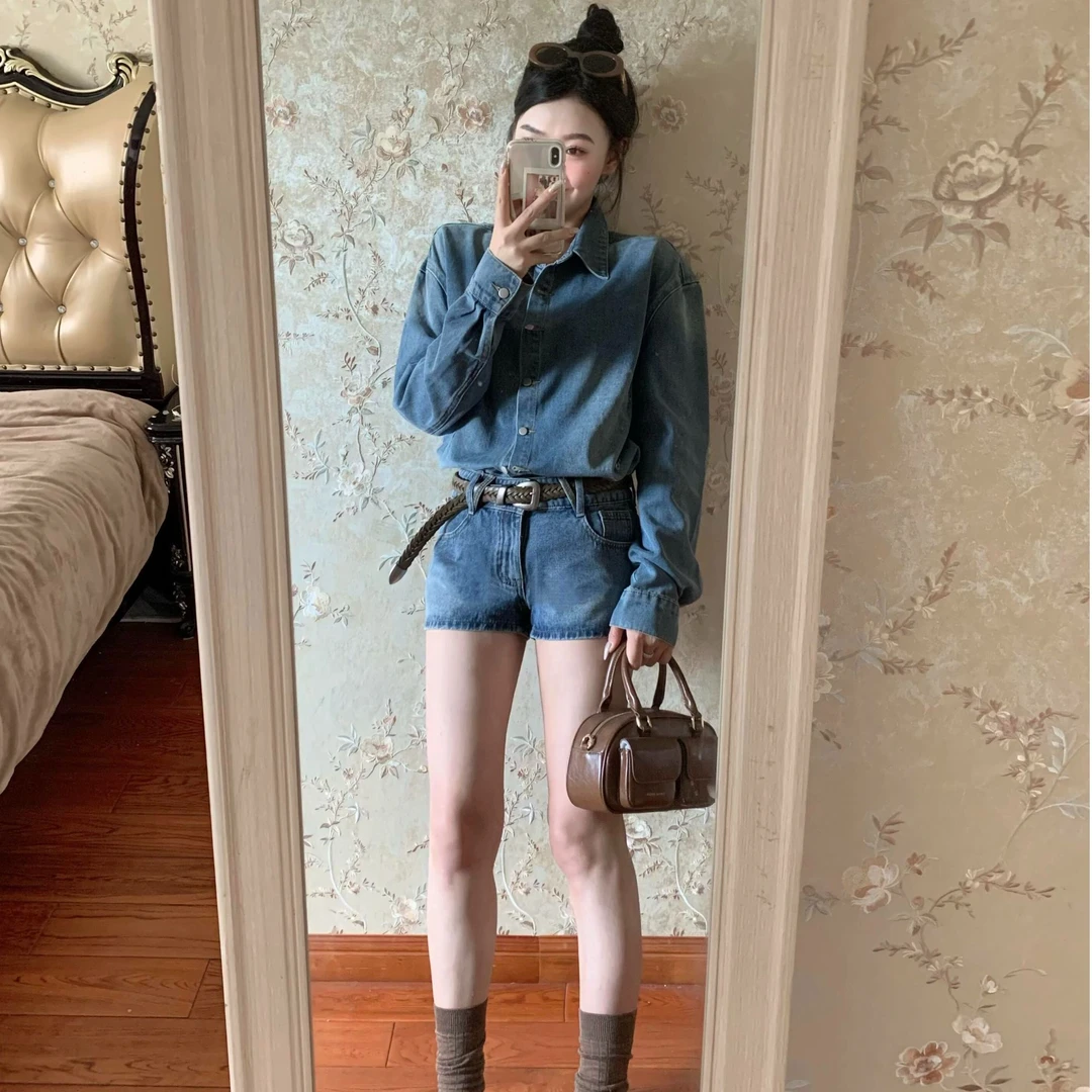 美式蓝色复古牛仔外套女秋季宽松显瘦气质衬衫上衣高腰短裤子套装