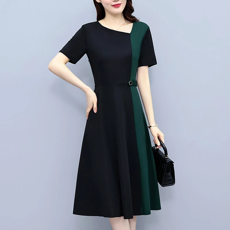 大码女装胖拼接撞色洋气短袖修身显瘦中长款连衣裙夏季新款2025