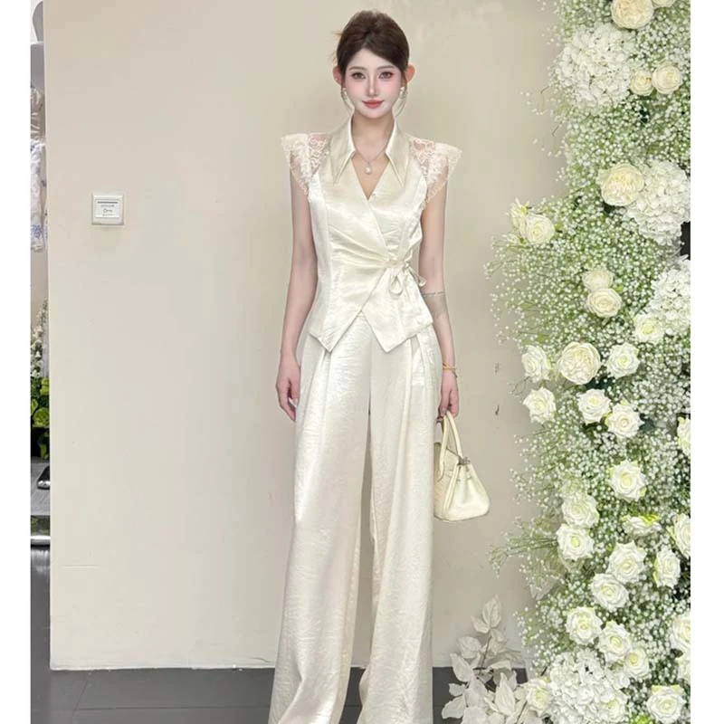 【两件套】法式夏季INS风气质阔腿修身裤上衣女时尚套装裤子D2376