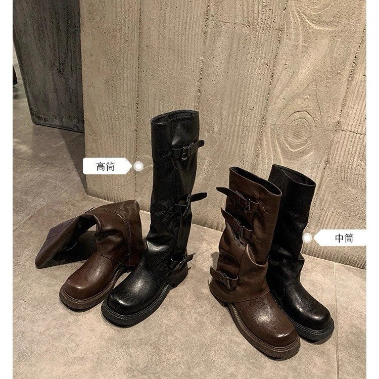辣妹裤管靴~6.5cm增高扣带中筒西部骑士长靴女靴