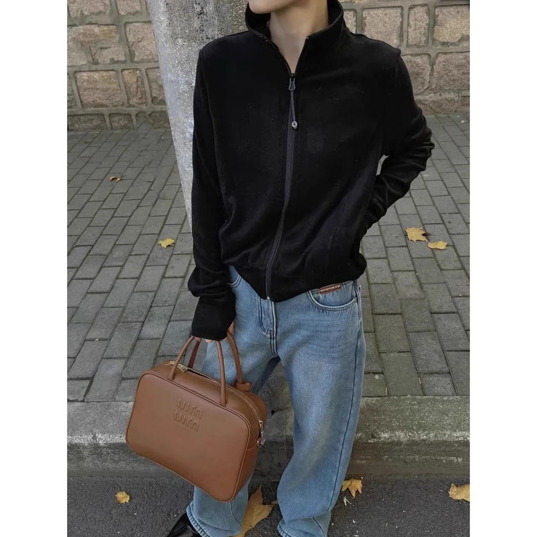 黑色德绒立领双拉链卫衣外套女秋冬加绒加厚双面绒打底衫内搭上衣