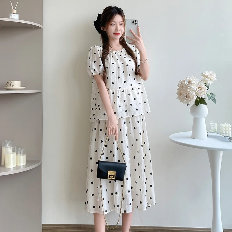 孕妇夏季2025新款大码女装设计感假两件波点拼接短袖宽松连衣裙