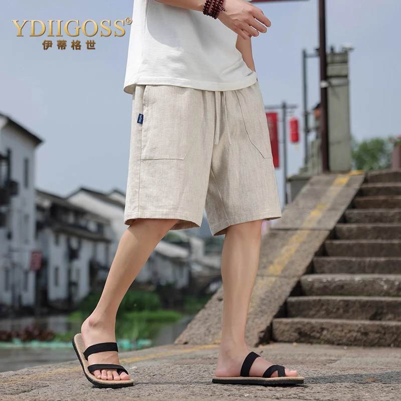 YDIIGOSS亚麻五分裤男夏季薄款复古宽松直筒短裤大码棉麻休闲潮流