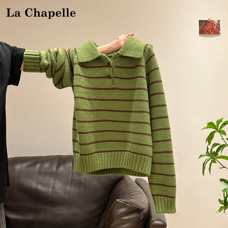 拉夏贝尔复古绿色条纹polo领套头毛衣女2025秋冬季时尚加厚针织衫