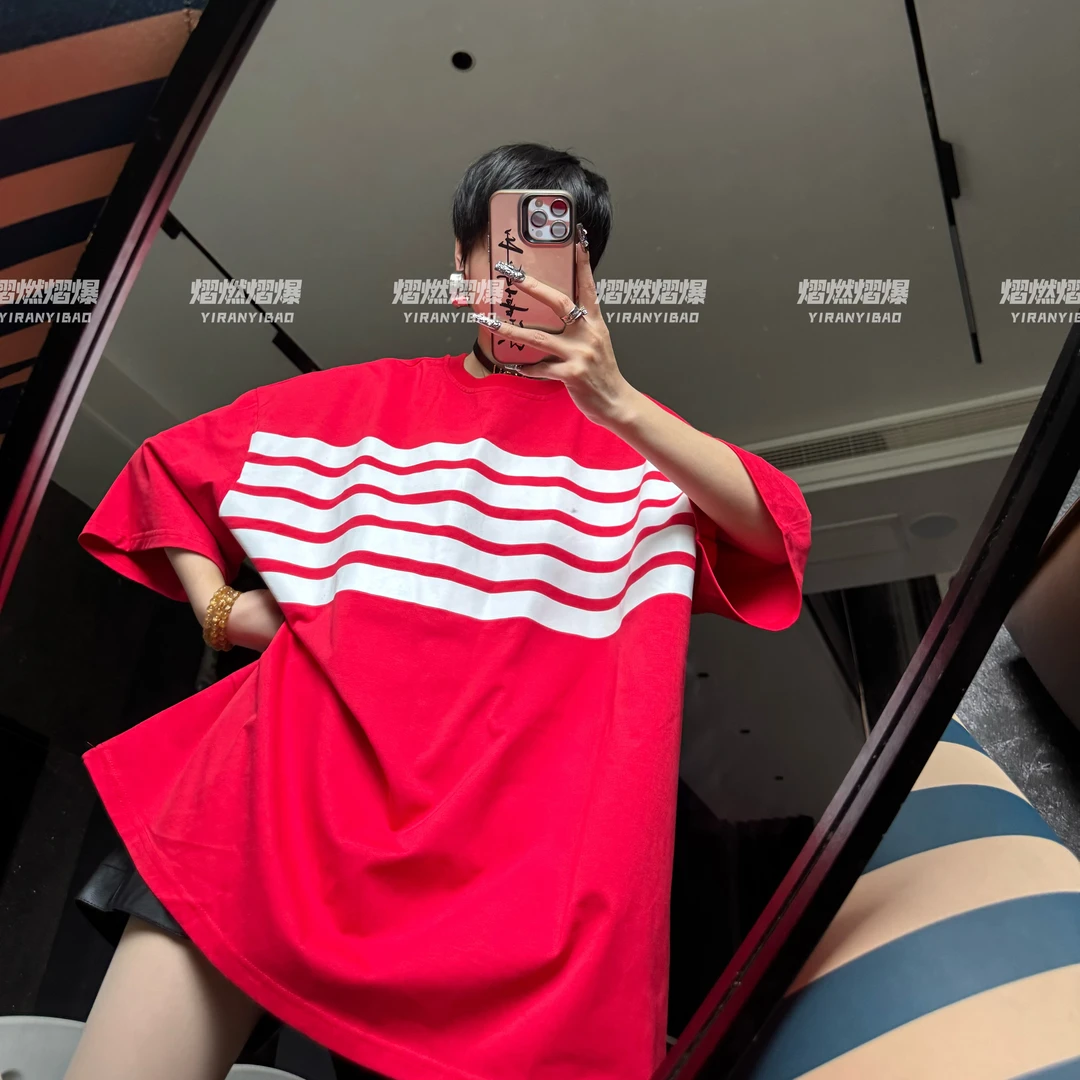 【舒艺推荐-情侣款横条短袖T恤】韩版百搭潮流宽松半袖圆领纯棉