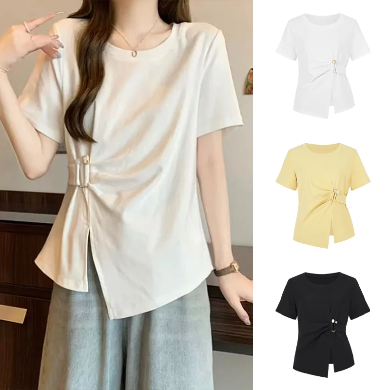 Moses Queen/魔西女王时尚别致收腰显瘦遮肚T恤不规则开叉短袖女