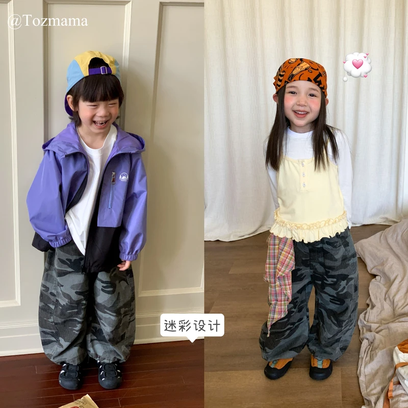 豆几妈  儿童复古工装迷彩宽松休闲裤女童秋装裤子男童长裤秋
