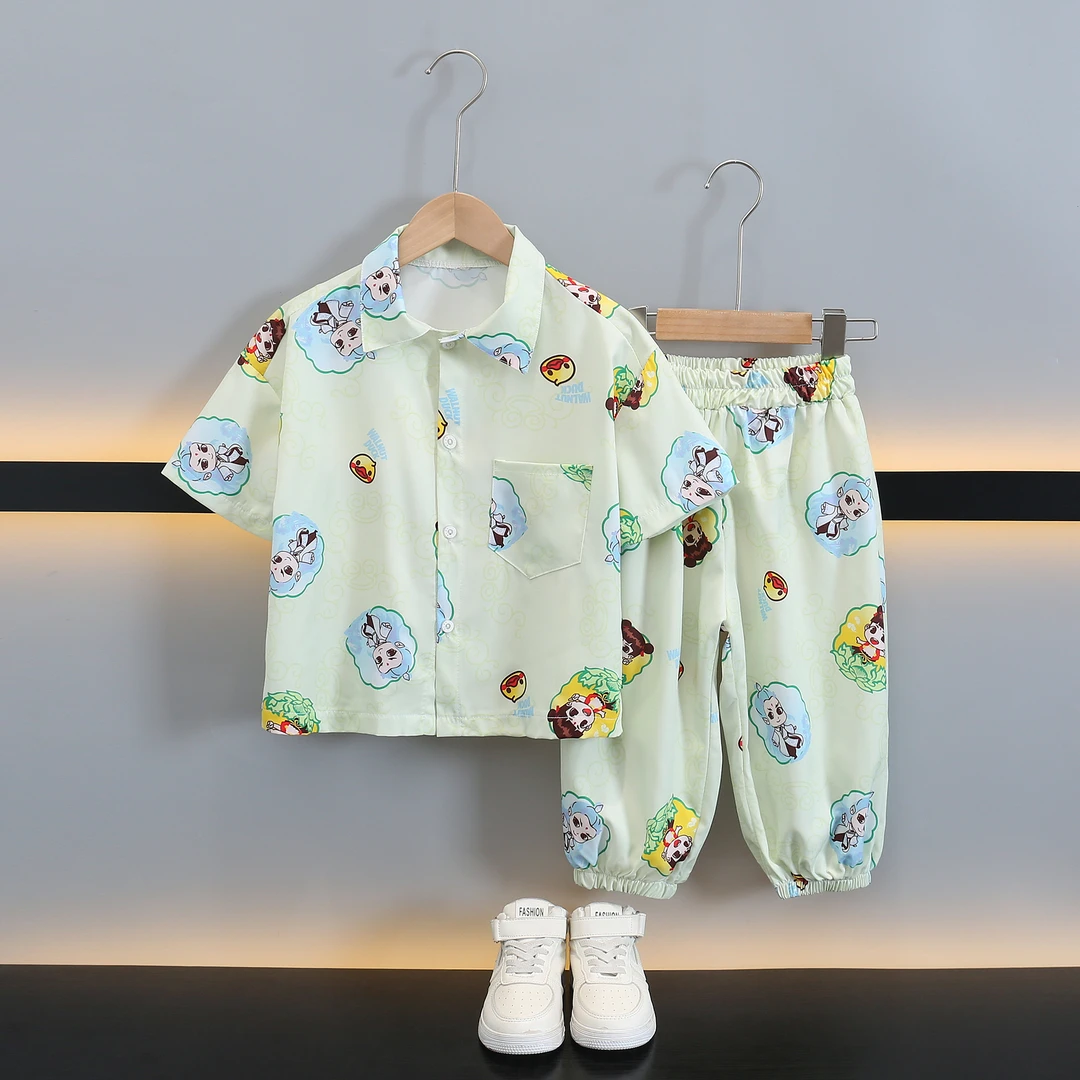 小黄鸭儿童夏季衬衫夏装两件套男女童短袖国风套装