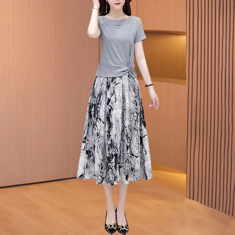 拉夏贝尔连衣裙2025新款夏洋气妈妈高端品牌水墨画欧货两件套装