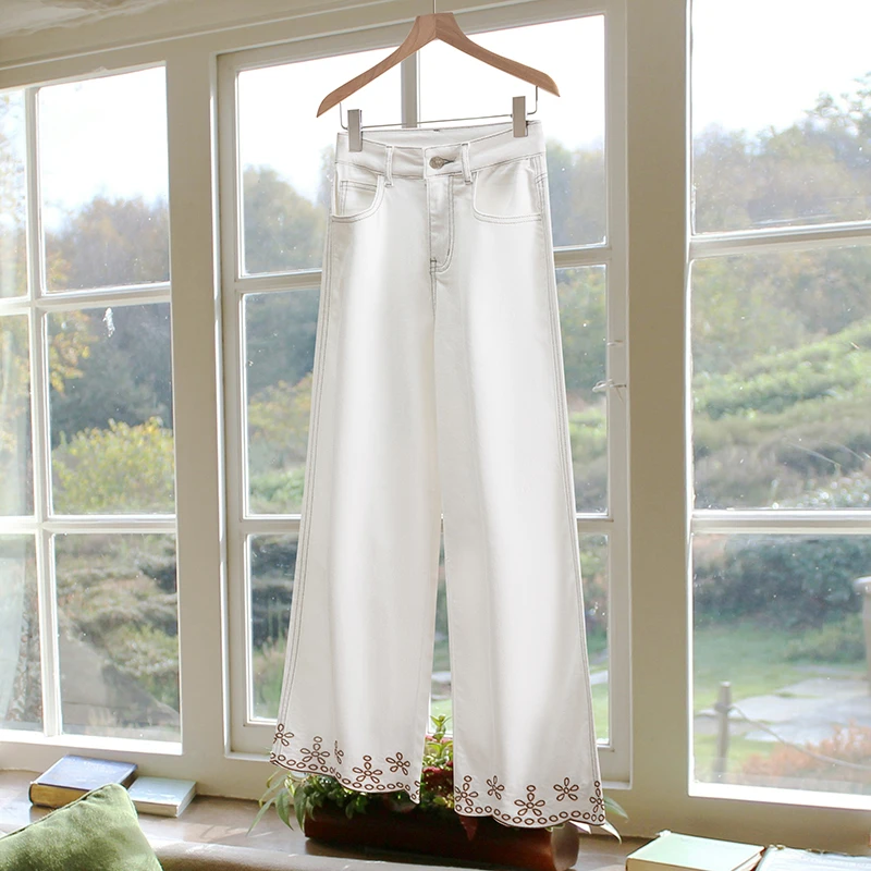 莱塞尔天丝八九分直筒牛仔裤女绣花夏季薄款高腰显瘦宽松裤9828