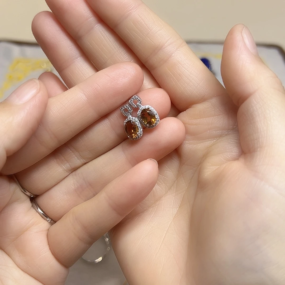 黄晶耳饰银S925镶嵌耳钉