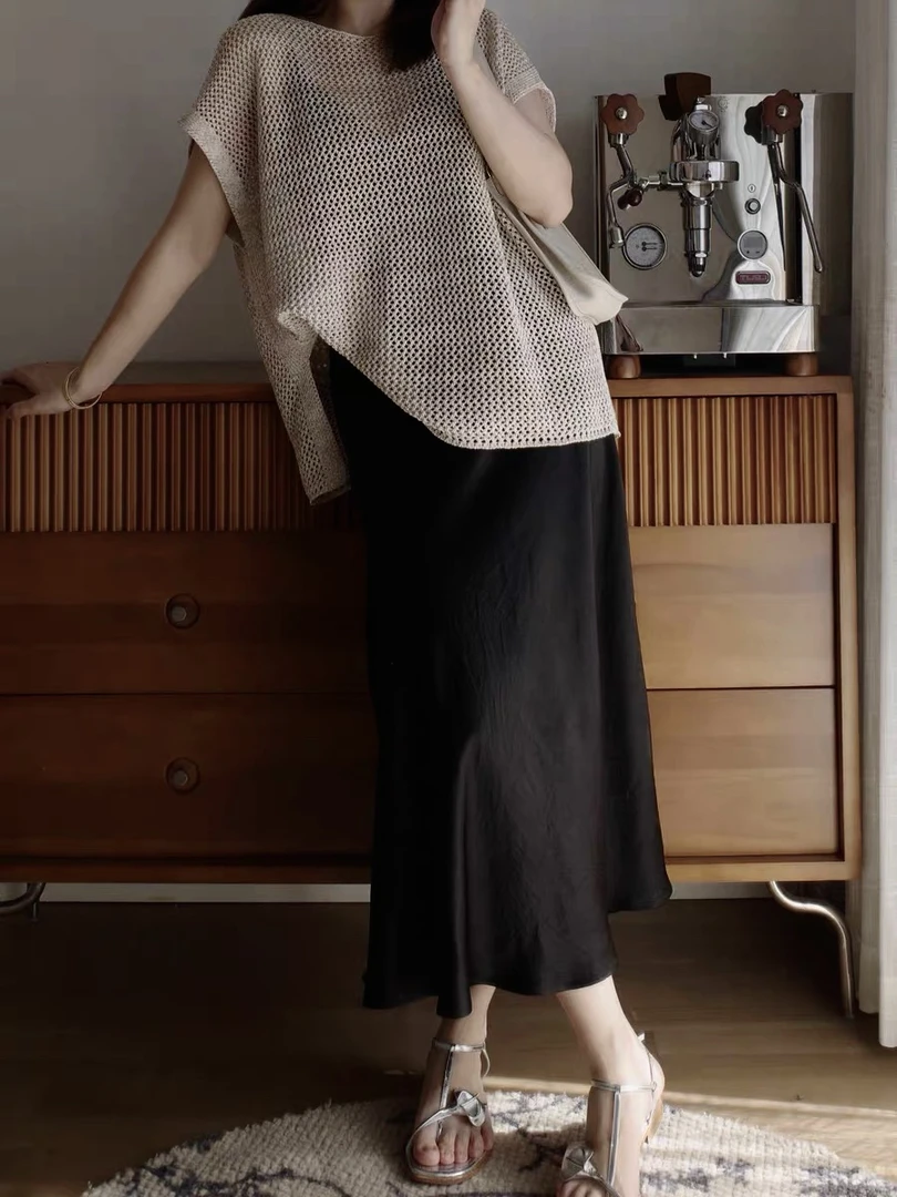 2585 日本进口褶皱醋酸肌理感半身裙黑色中长裙显瘦鱼尾长裙a字裙