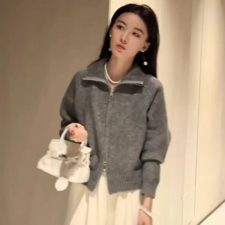 设计师款慵懒风毛衣秋冬新款简约宽松立领双拉链毛针织衫SS9004#