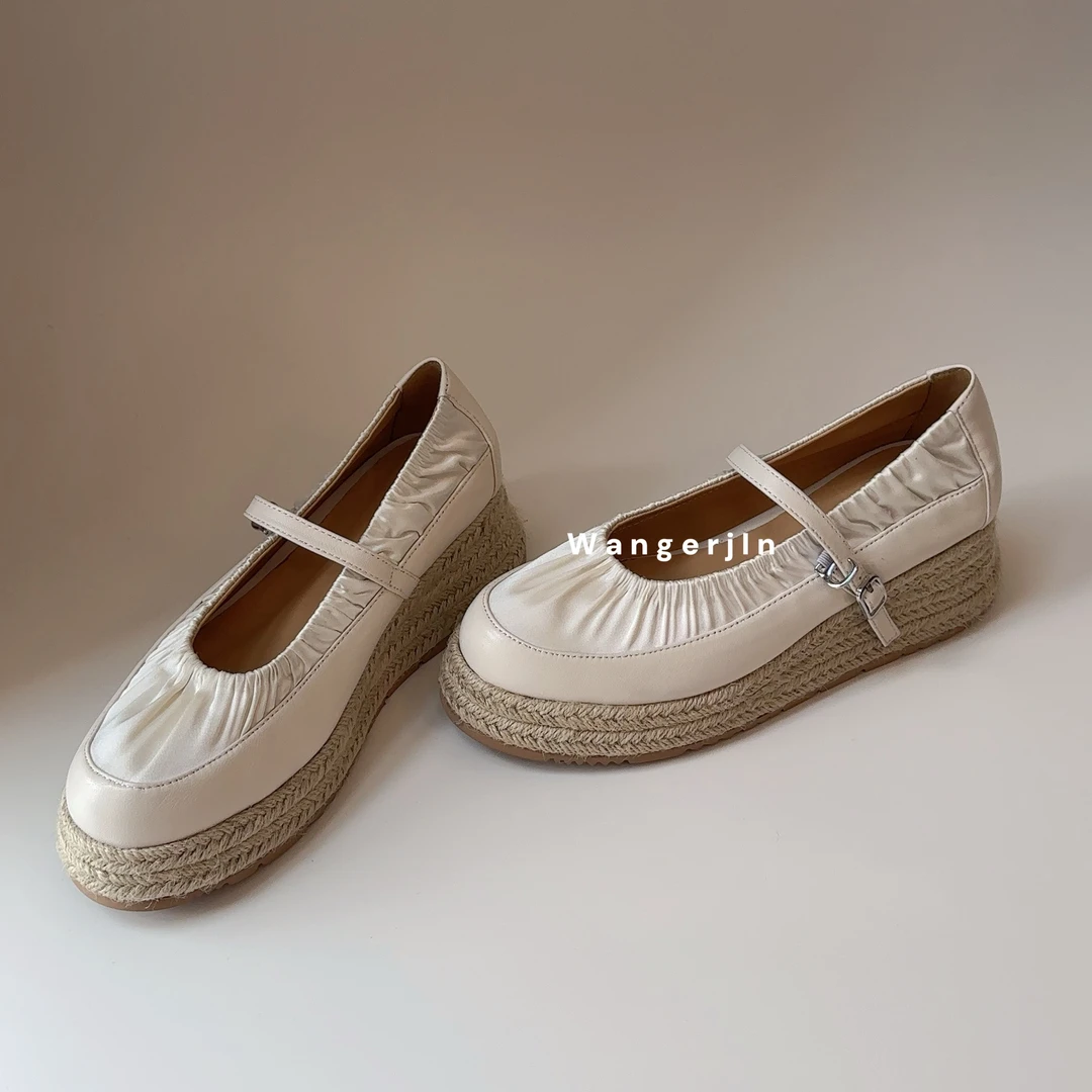 【王二今】羊皮/5CM/草编松糕厚底坡跟显瘦渔夫鞋一字带玛丽珍单鞋