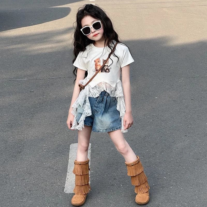 女童夏装短袖T恤2025新款儿童洋气时髦蕾丝拼接上衣中大童打底衫