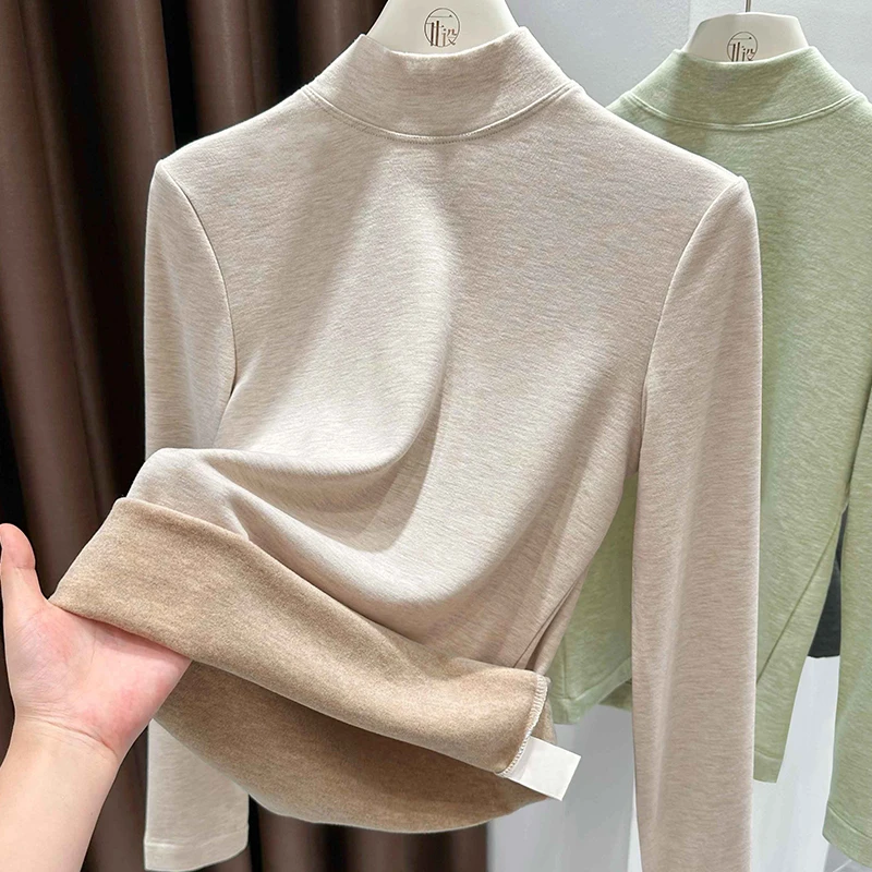 双面德绒加厚半高领长袖保暖上衣秋冬新款高弹力修身加绒打底衫