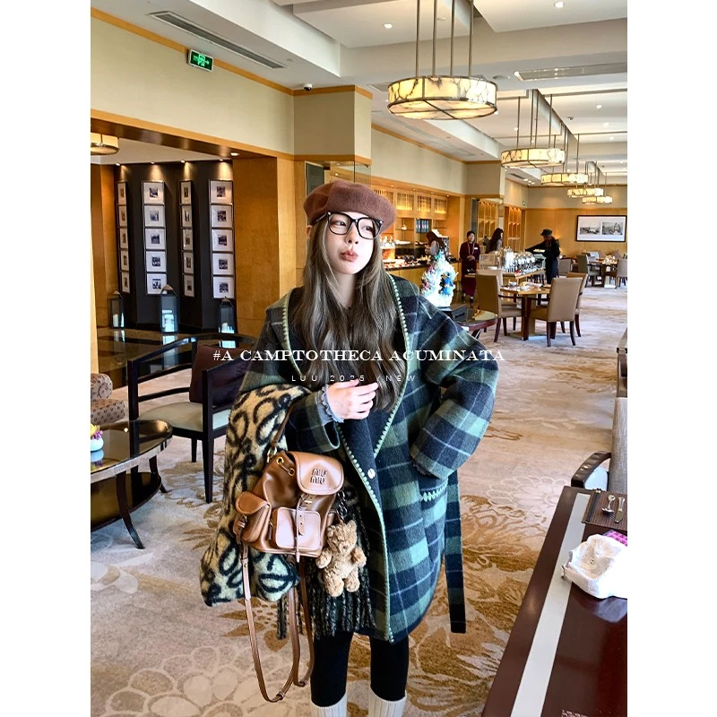 LUU桃喜儿/两穿连帽羊毛双面呢大衣外套女秋冬呢子宽松中长款毛呢