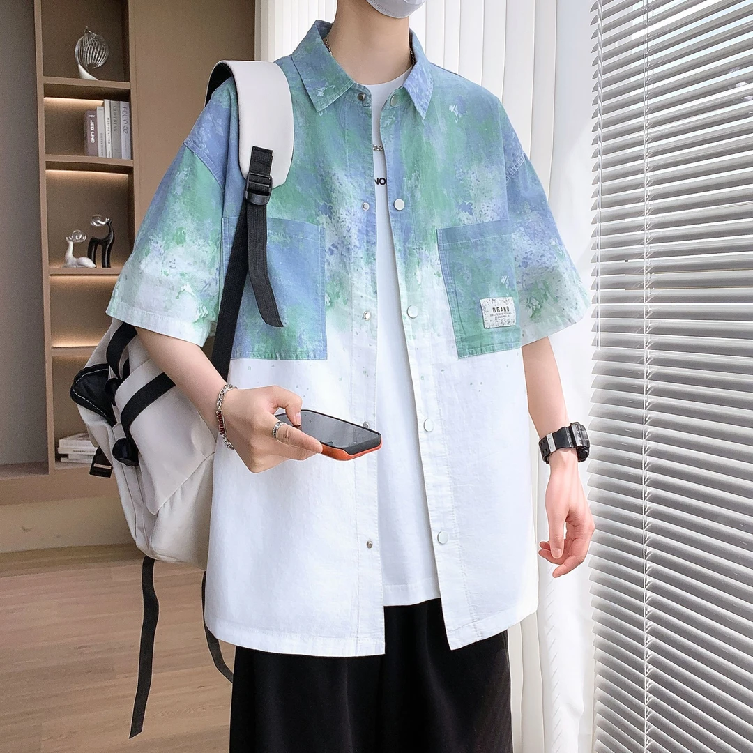 青少年夏季新款透气短袖牛仔渐变夹克百搭港风宽松休闲男开衫外套