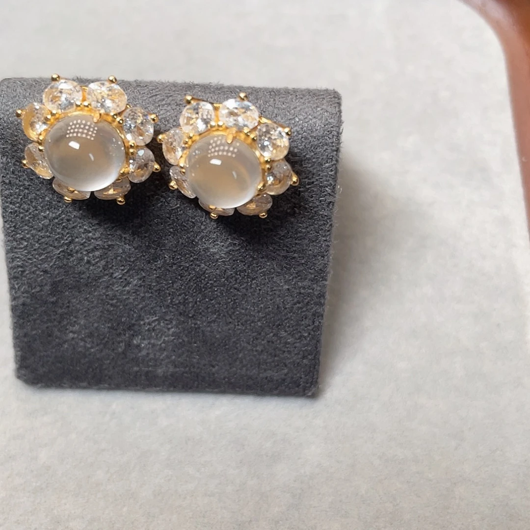 石英质玉银S925镶嵌耳钉