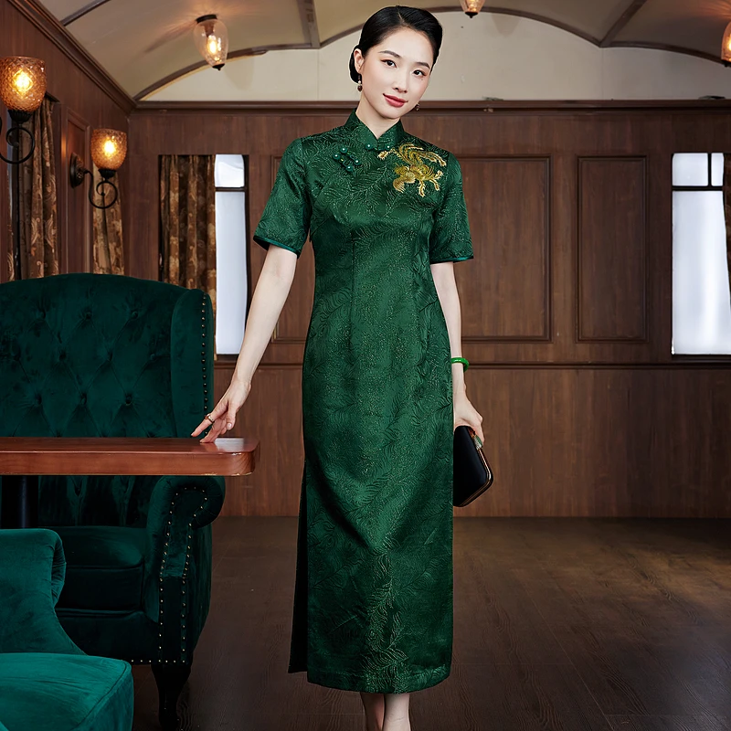 【现货】真丝正绢高档绿色传统显瘦气质复古中式修身夏旗袍 W24882