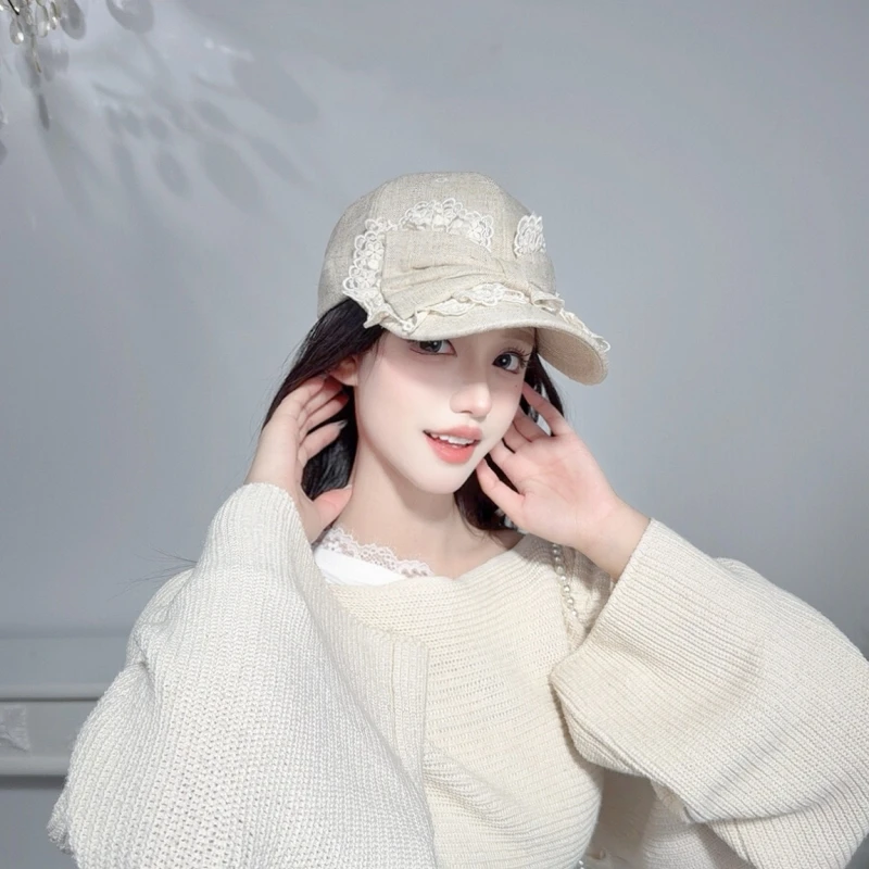 CREAMPP 原创日系甜美亚麻硬顶棒球帽蕾丝大蝴蝶结质雅百搭鸭舌帽