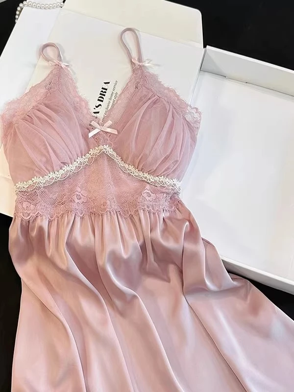 2025夏季新款粉色蕾丝吊带睡裙带胸垫家居服高级感纯欲性感睡衣女