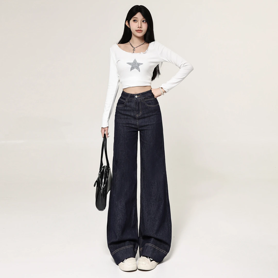藏青色阔腿裤女2025秋季新款复古高腰显瘦设计感百搭拖地裤高级感