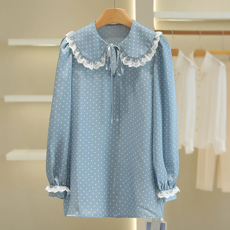 【伍莎-自营】蕾丝边波点宽松娃娃领雪纺衫