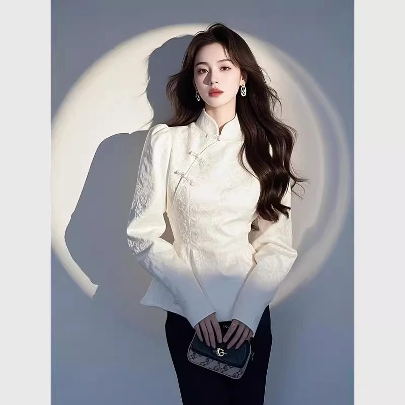 新中式国风女装盘扣上衣2024春秋新款高级感复古百搭气质白色衬衫