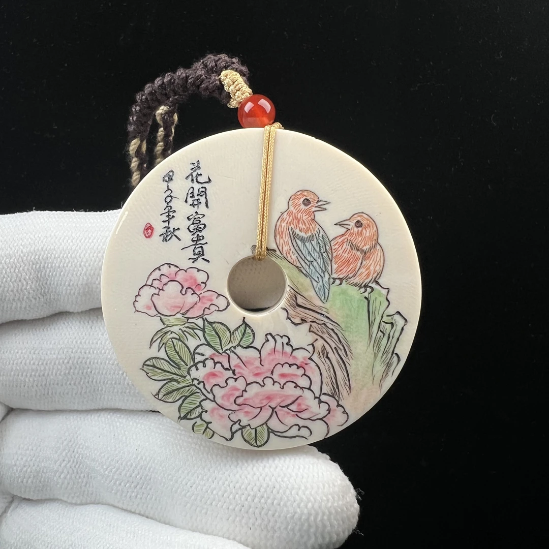 P6734天然猛犸牙圆饼山水牌50x9mm支持鉴定 假一罚四