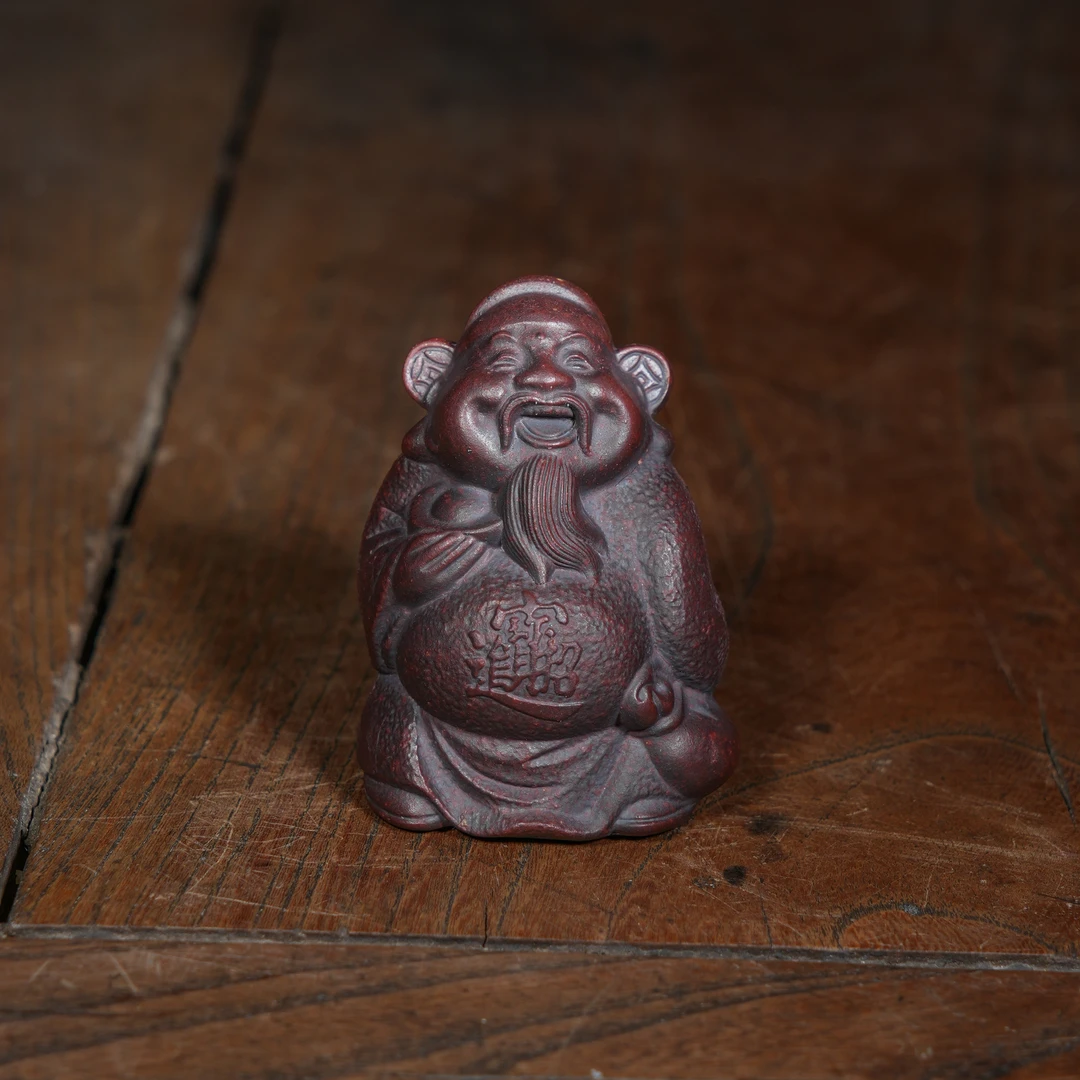 宜兴原矿高温石红料雕塑如意财神紫砂手工茶宠茶玩茶道摆件