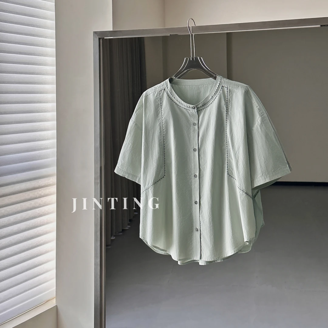 今婷时尚百搭宽松显瘦简约设计感圆领气质休闲衬衫-M25201406