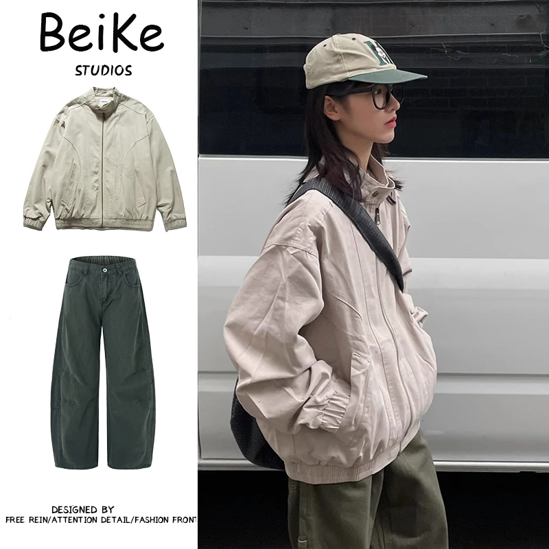 两件装/复古爆款重磅水洗立领工装夹克男女宽松春秋拉链休闲外套