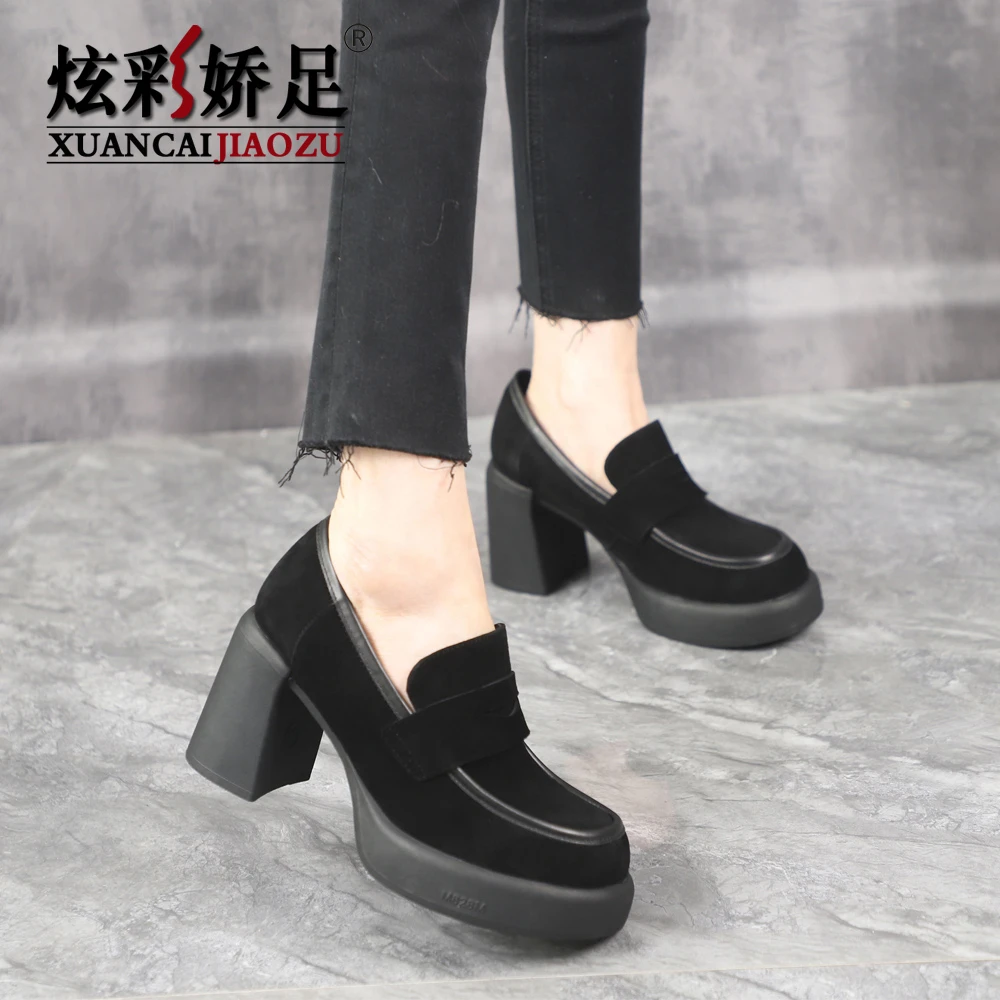 高跟鞋女鞋春秋新款百搭真皮粗跟厚底防水台单鞋英伦风小皮鞋女款