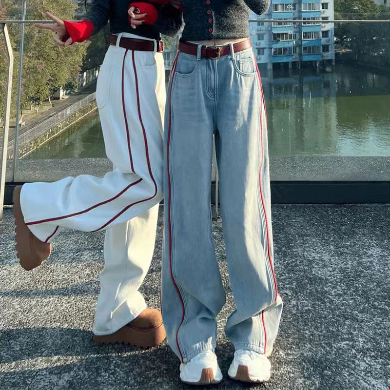 潮流牛仔裤女冬季加绒加厚新款重工刺绣撞色拼条拖地裤高腰垂感裤