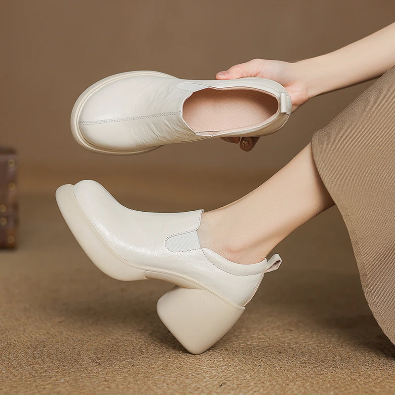 羊皮/8cm/春秋白色百搭真皮粗跟高跟英伦风中跟圆头厚底妈妈单鞋