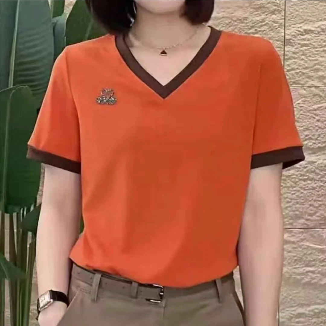 1856-宽松百搭大码拼色V领天鹅衫