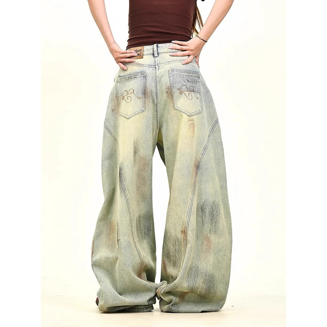 大码脏染做旧弯刀牛仔裤女设计感宽松bf美式潮牌阔腿垂感拖地长裤