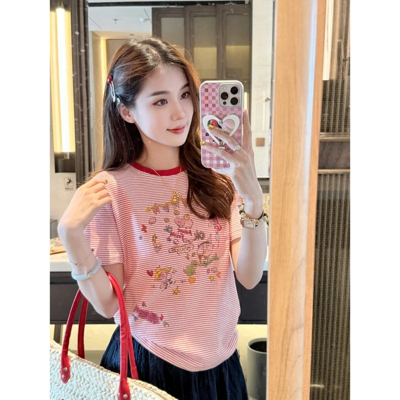 【西瓜红条条】夏季时尚百搭设计款拼接印花短袖-DX2025517