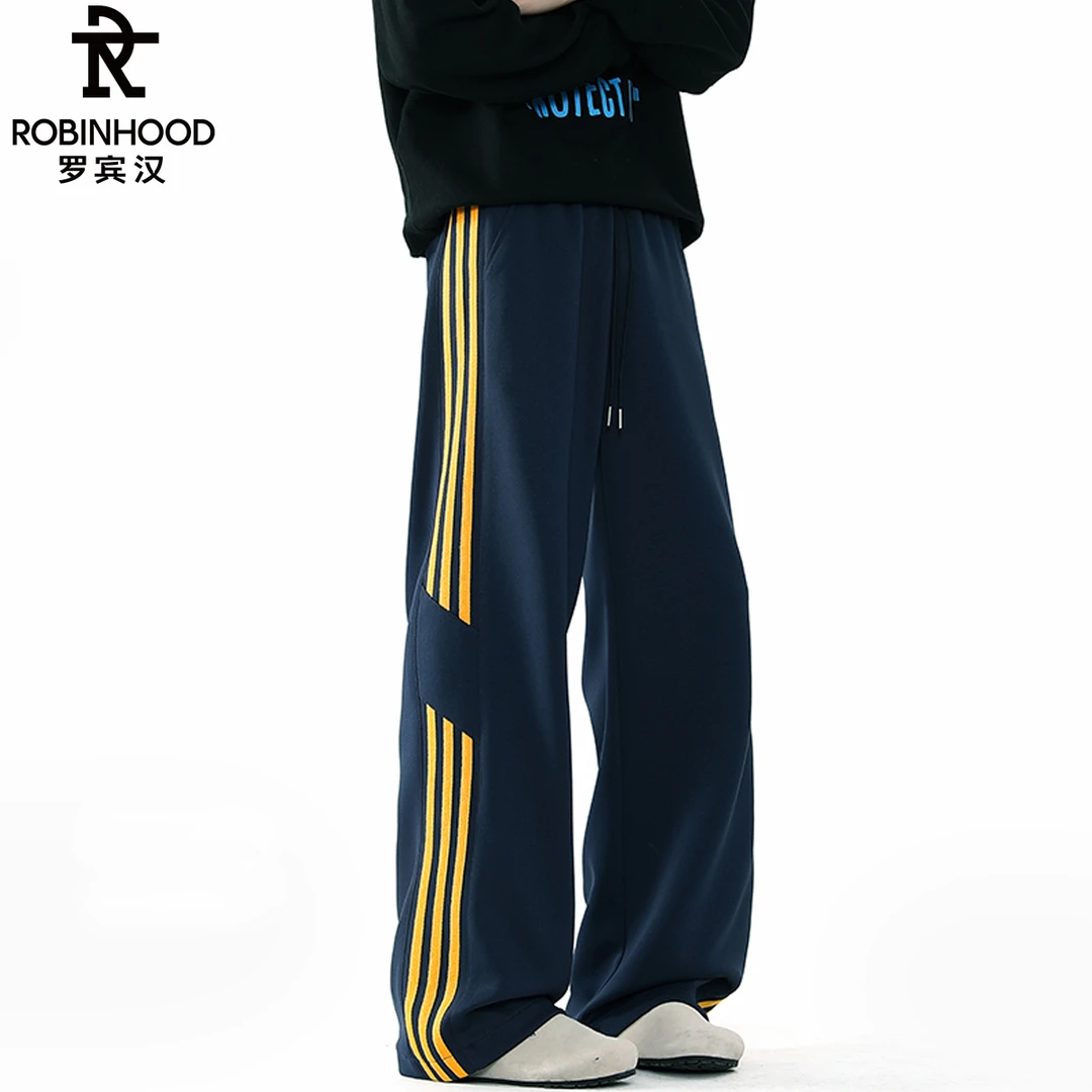 ROBINHOOD/罗宾汉美式高街运动条纹休闲裤大码情侣卫裤直筒阔腿裤