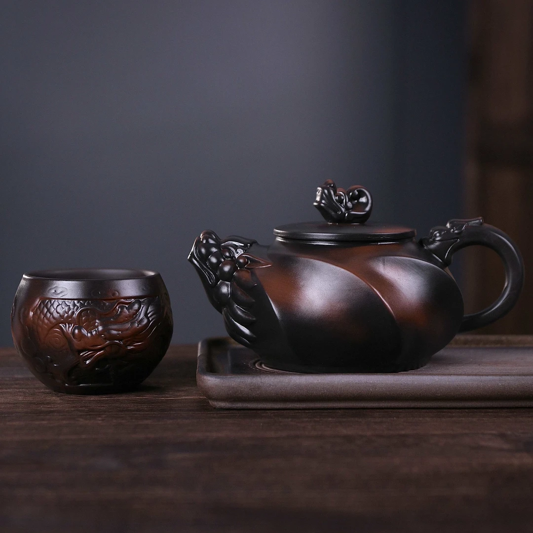 紫陶龙头老大壶配一个祥龙主人杯【普通包装】