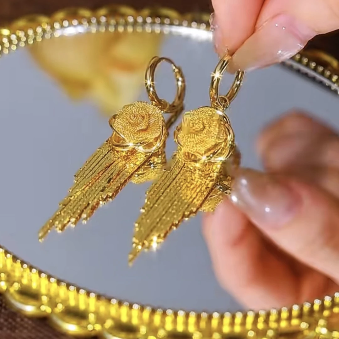 铜合金合成锆石耳饰 金色女日韩民族风复古耳环百搭手工小众流苏